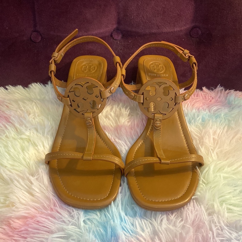 Tory Burch Miller Tan Leather Block Heel Sandals